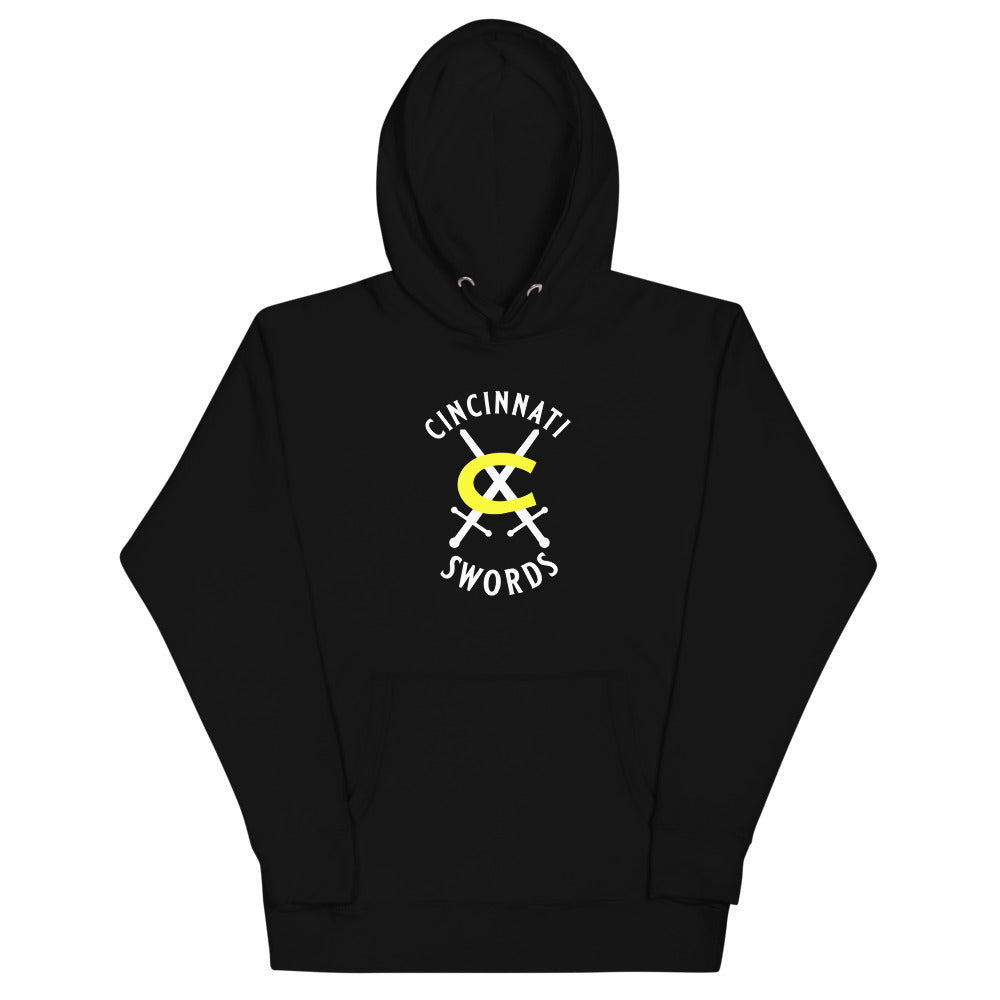 Cincinnati Swords Hoodie (Premium) with the yellow C with crossed swords on the front, view 2