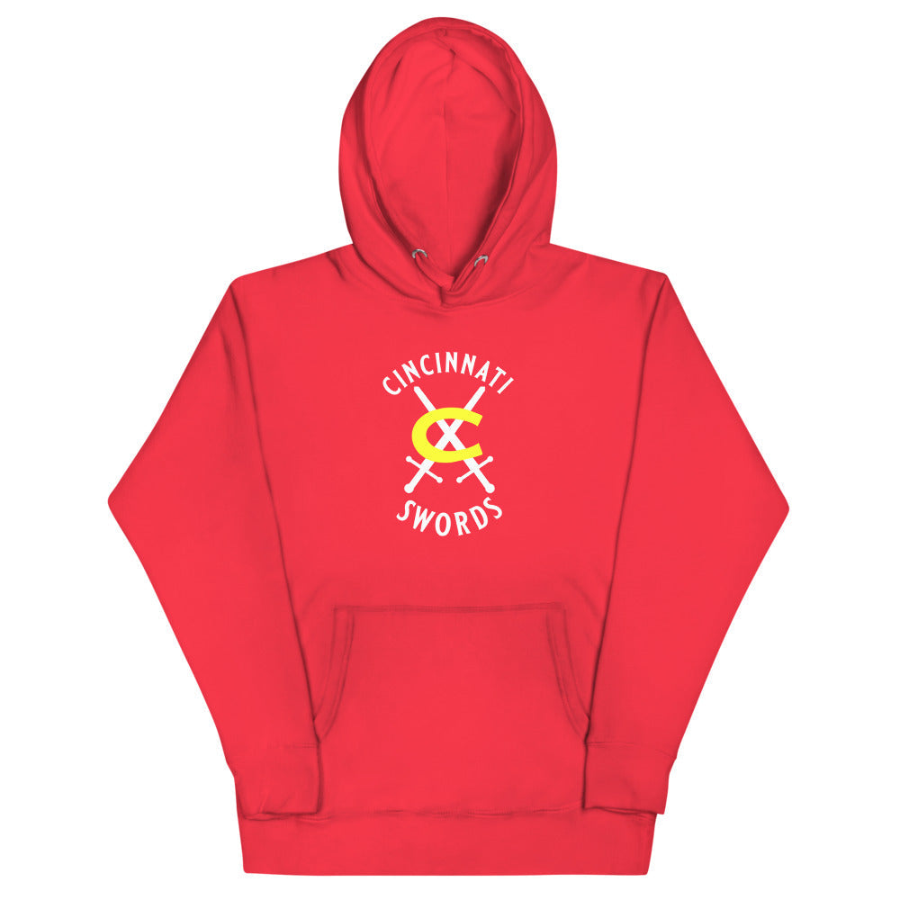 Cincinnati Swords Hoodie (Premium) with the yellow C with crossed swords on the front, view 3