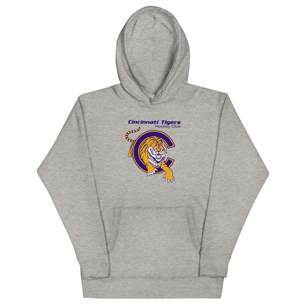 Cincinnati Tigers Hoodie (Premium) with the tiger leaping through a purple C on the front