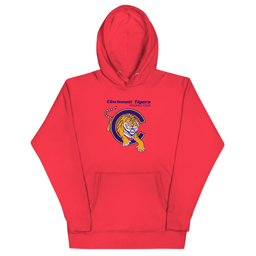 Cincinnati Tigers Hoodie (Premium) with the tiger leaping through a purple C on the front, view 3