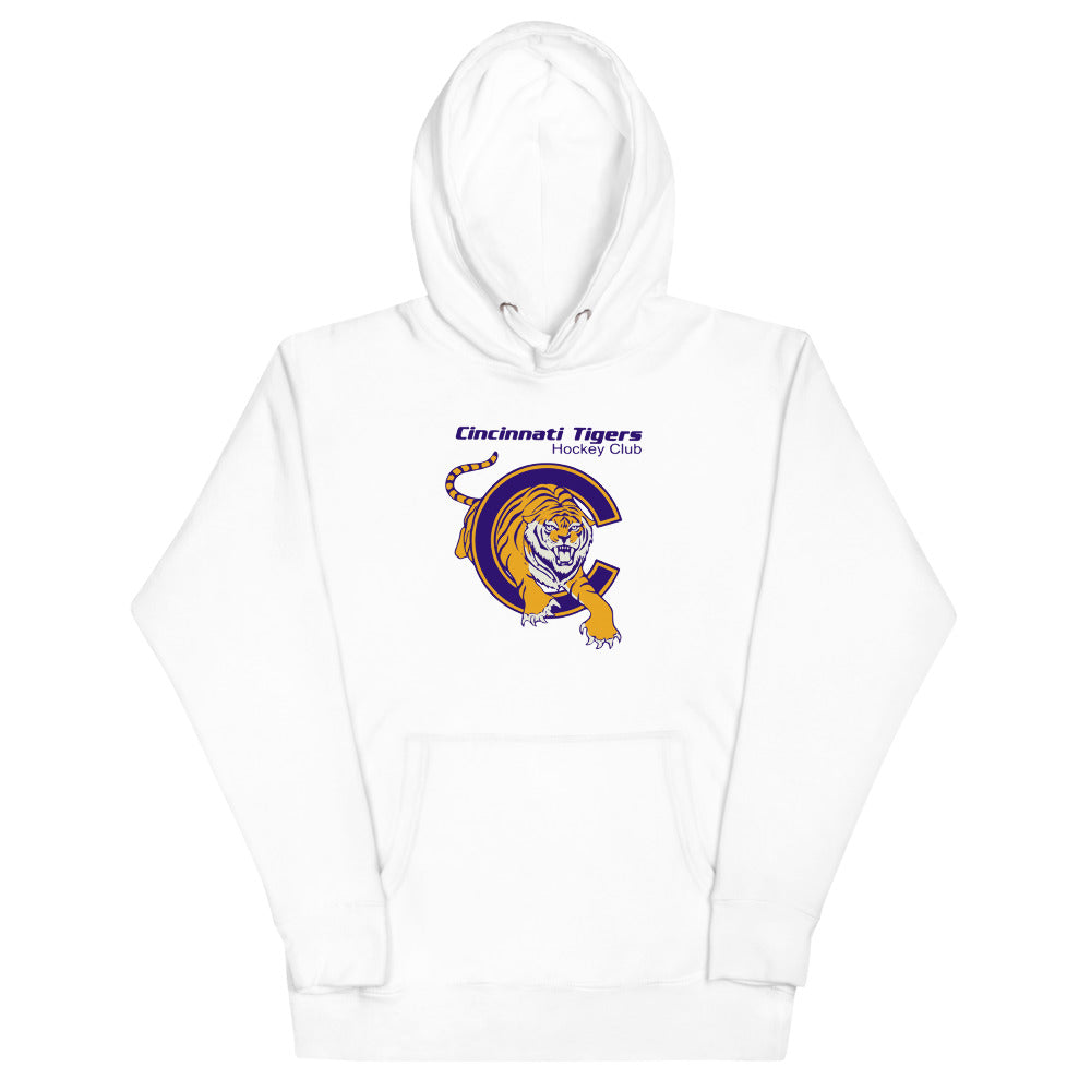 Cincinnati Tigers Hoodie (Premium) with the tiger leaping through a purple C on the front, view 2