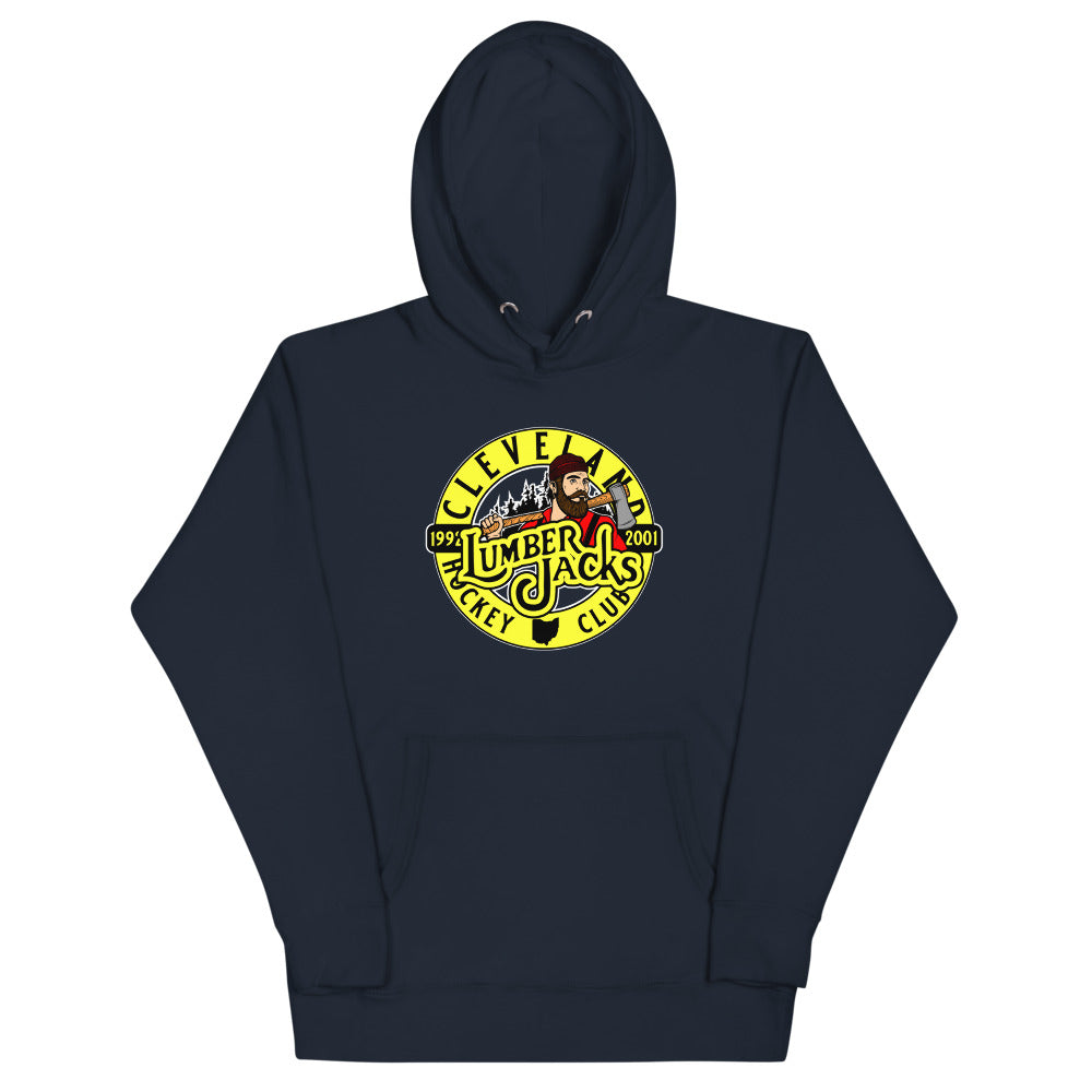 Cleveland Lumberjacks Hoodie (Premium) Early 90s with the round yellow logo with a lumberjack on the front, view 5