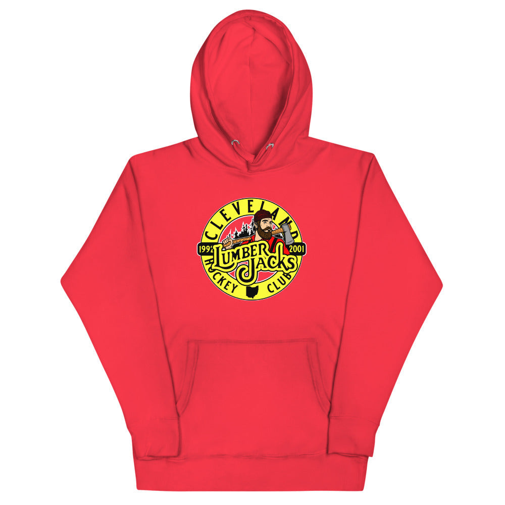 Cleveland Lumberjacks Hoodie (Premium) Early 90s with the round yellow logo with a lumberjack on the front, view 4