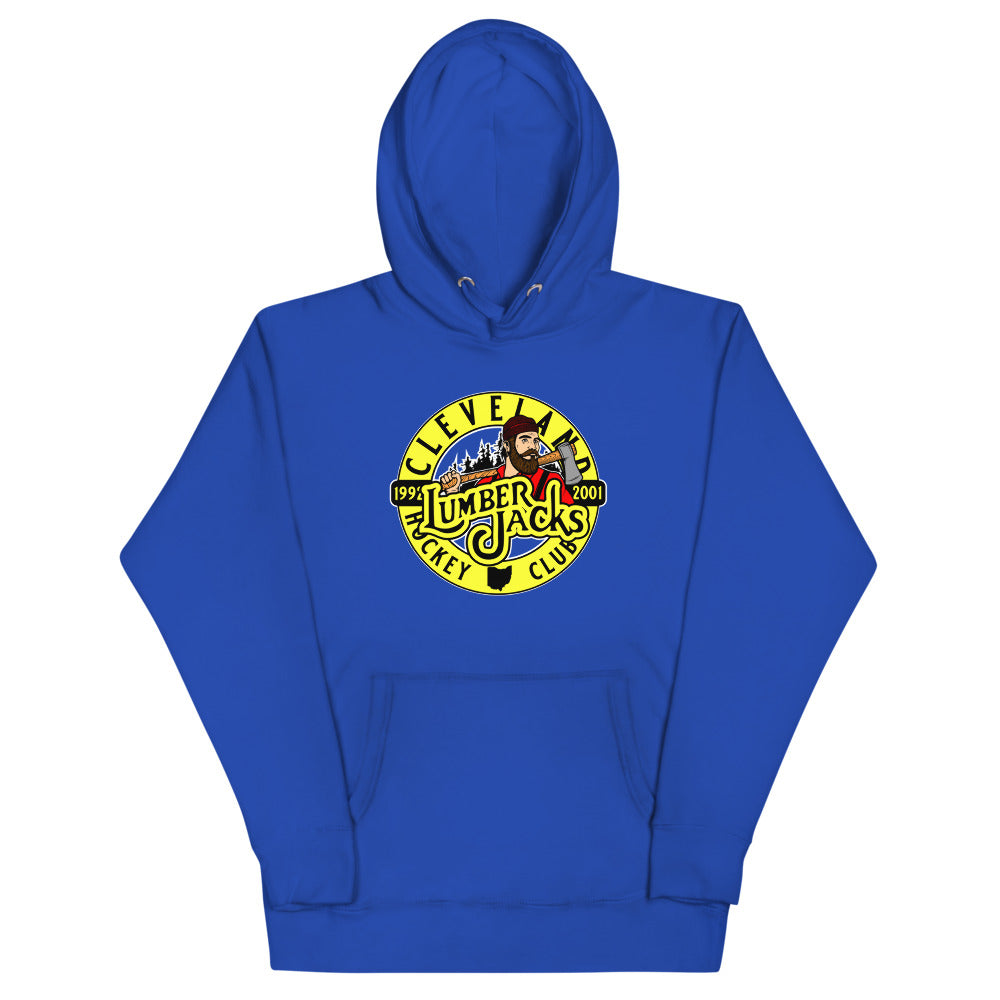 Cleveland Lumberjacks Hoodie (Premium) Early 90s with the round yellow logo with a lumberjack on the front, view 2