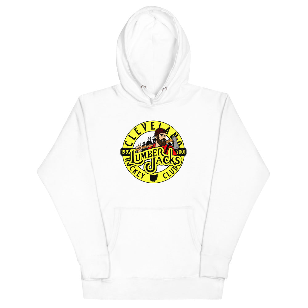 Cleveland Lumberjacks Hoodie (Premium) Early 90s with the round yellow logo with a lumberjack on the front, view 3