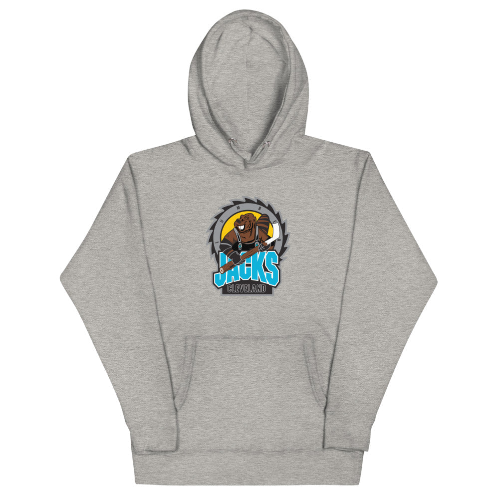 Cleveland Lumberjacks Hoodie (Premium) Late 90s with the beaver on a sawblade over blue lettering on the front