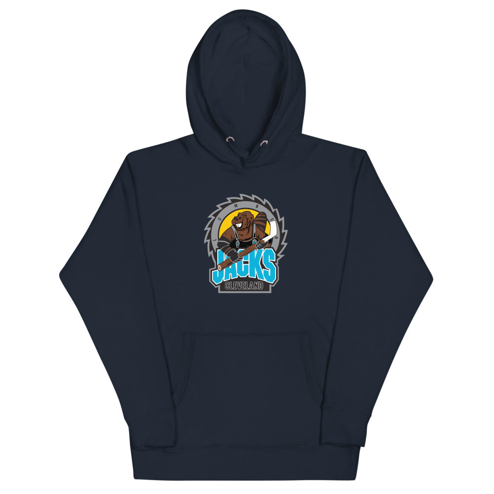 Cleveland Lumberjacks Hoodie (Premium) Late 90s with the beaver on a sawblade over blue lettering on the front, view 2