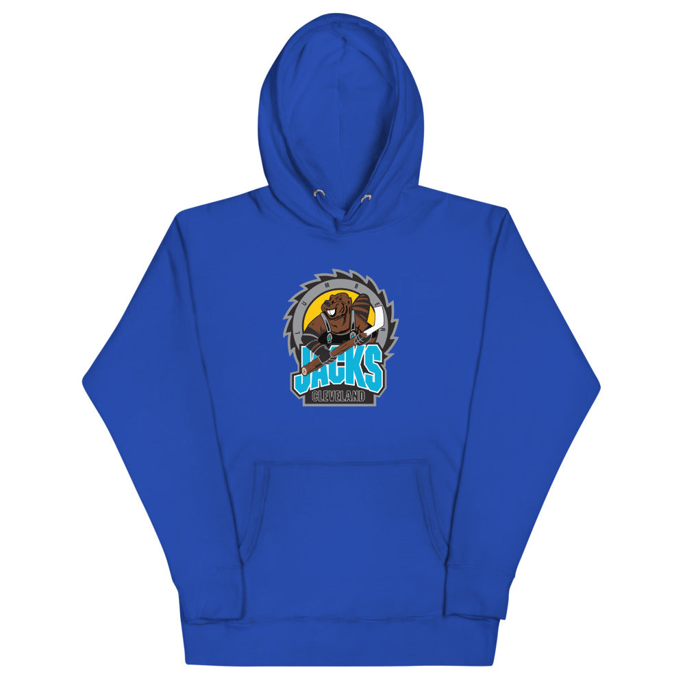 Cleveland Lumberjacks Hoodie (Premium) Late 90s with the beaver on a sawblade over blue lettering on the front, view 3