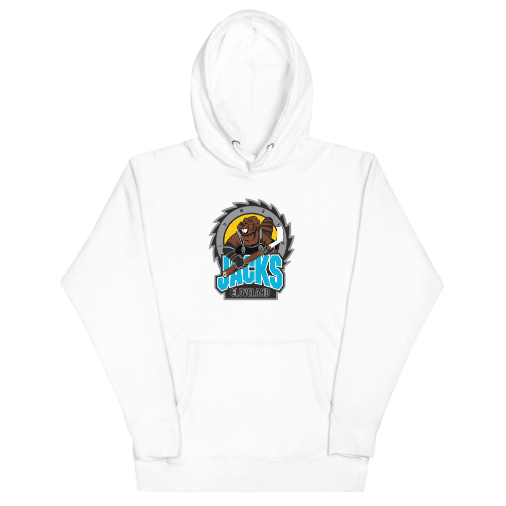 Cleveland Lumberjacks Hoodie (Premium) Late 90s with the beaver on a sawblade over blue lettering on the front, view 4