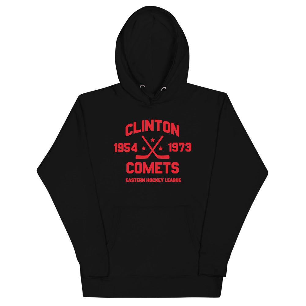 Clinton Comets Hoodie (Premium) with the red block lettering with crossed sticks and years on the front, view 2