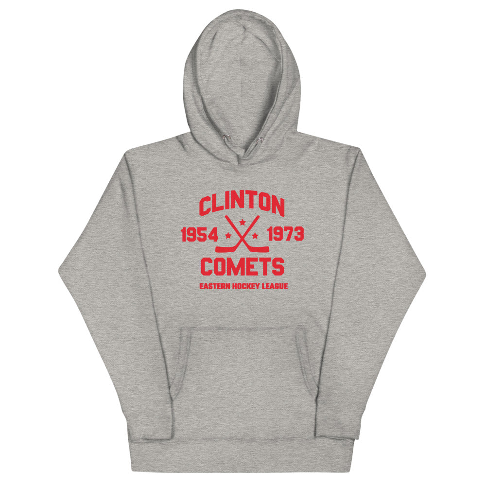 Clinton Comets Hoodie (Premium) with the red block lettering with crossed sticks and years on the front, view 3