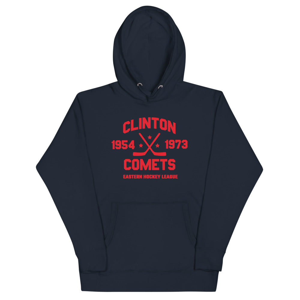 Clinton Comets Hoodie (Premium) with the red block lettering with crossed sticks and years on the front