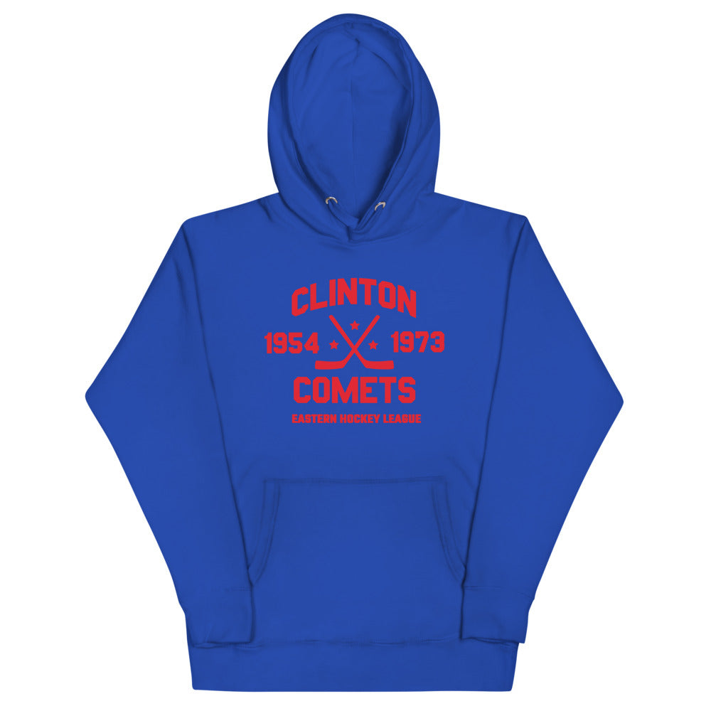 Clinton Comets Hoodie (Premium) with the red block lettering with crossed sticks and years on the front, view 4