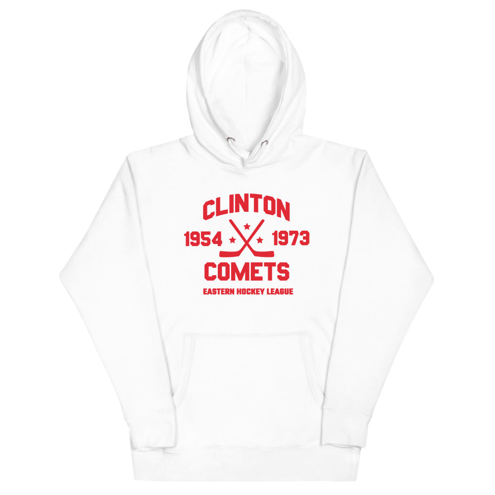 Clinton Comets Hoodie (Premium) with the red block lettering with crossed sticks and years on the front, view 5