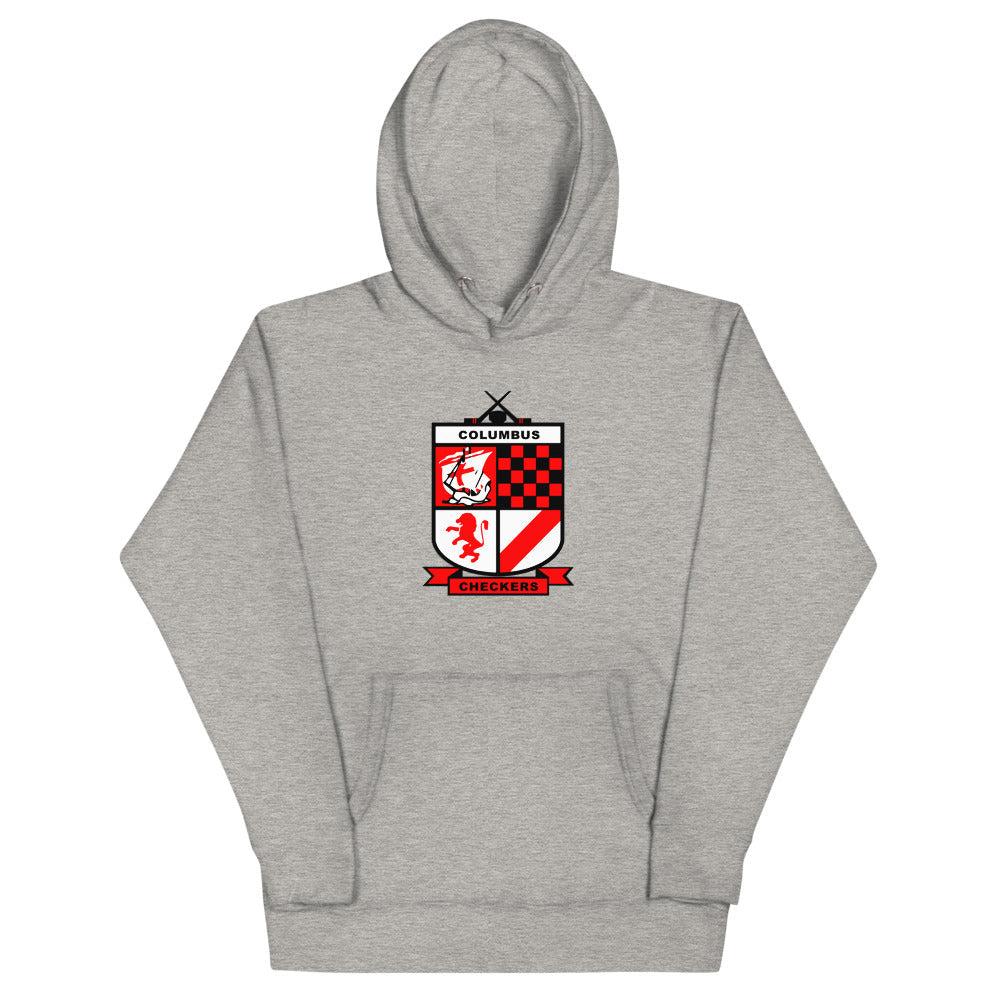 Columbus Checkers Hoodie (Premium) with the red and white checkered shield crest on the front, view 2