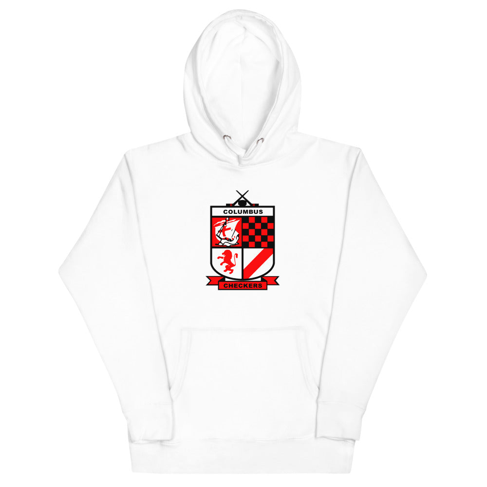 Columbus Checkers Hoodie (Premium) with the red and white checkered shield crest on the front, view 3