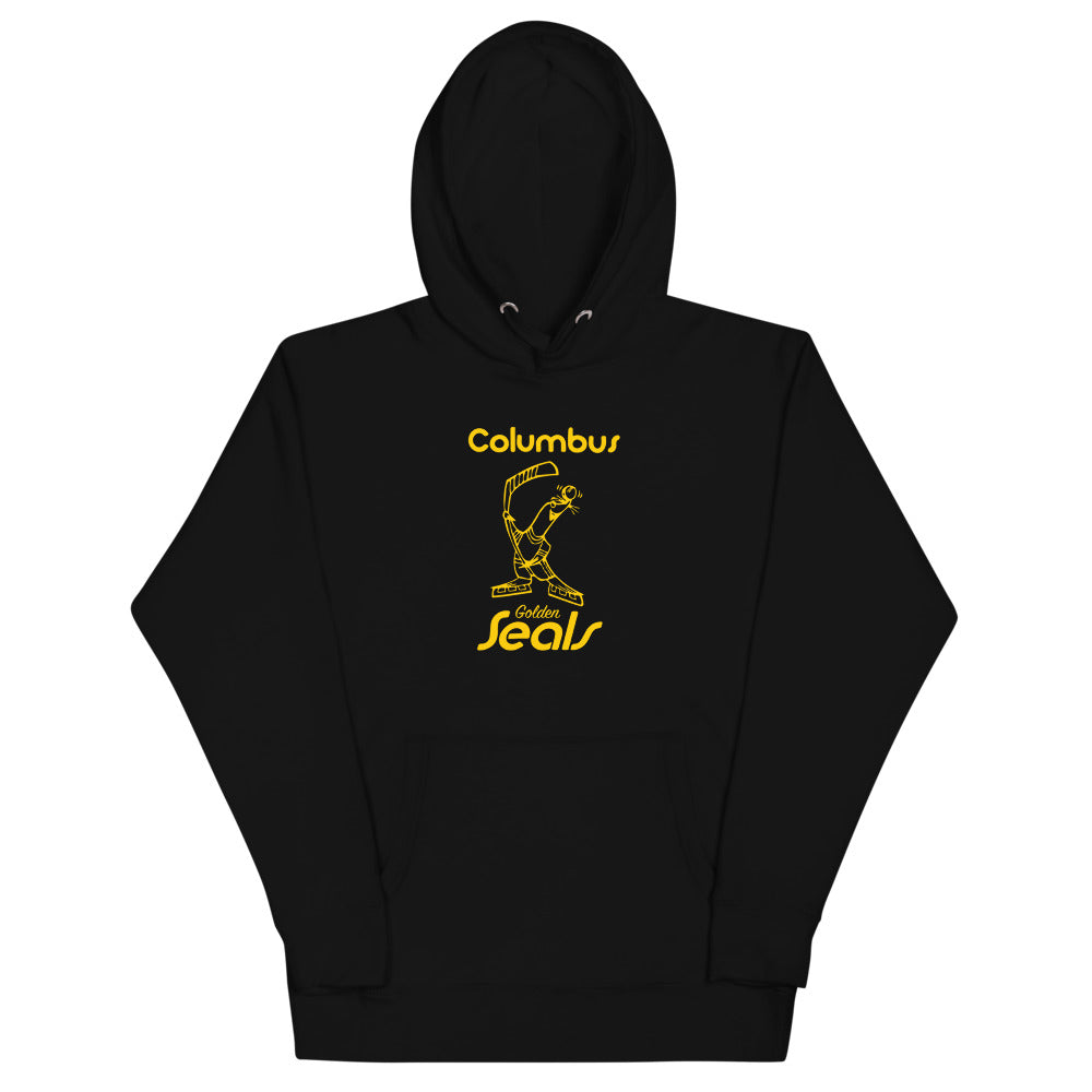 Columbus Golden Seals Hoodie (Premium) with the gold seal mascot with script lettering on the front, view 3