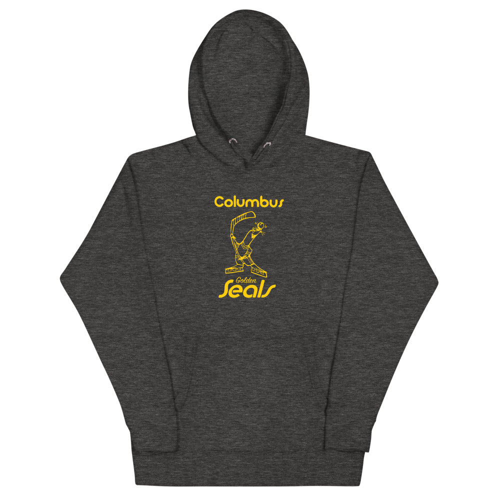 Columbus Golden Seals Hoodie (Premium) with the gold seal mascot with script lettering on the front, view 2