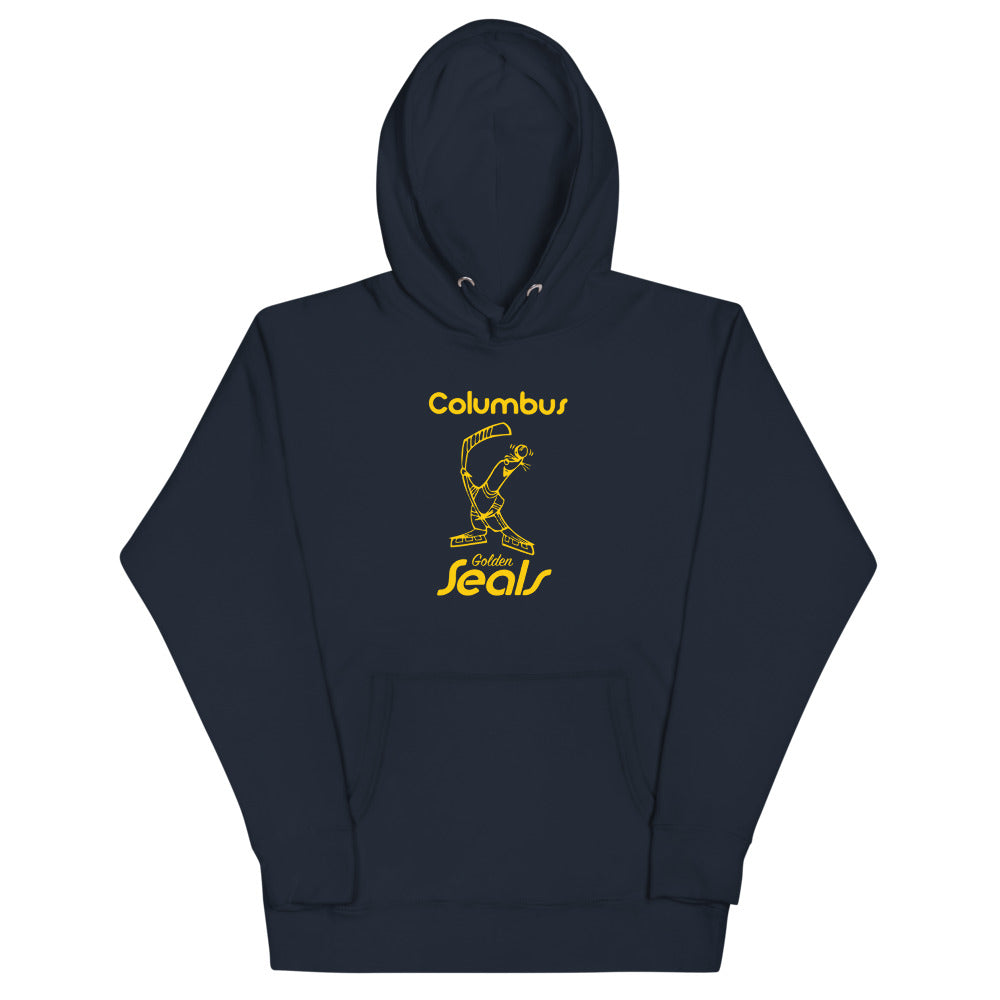Columbus Golden Seals Hoodie (Premium) with the gold seal mascot with script lettering on the front, view 4