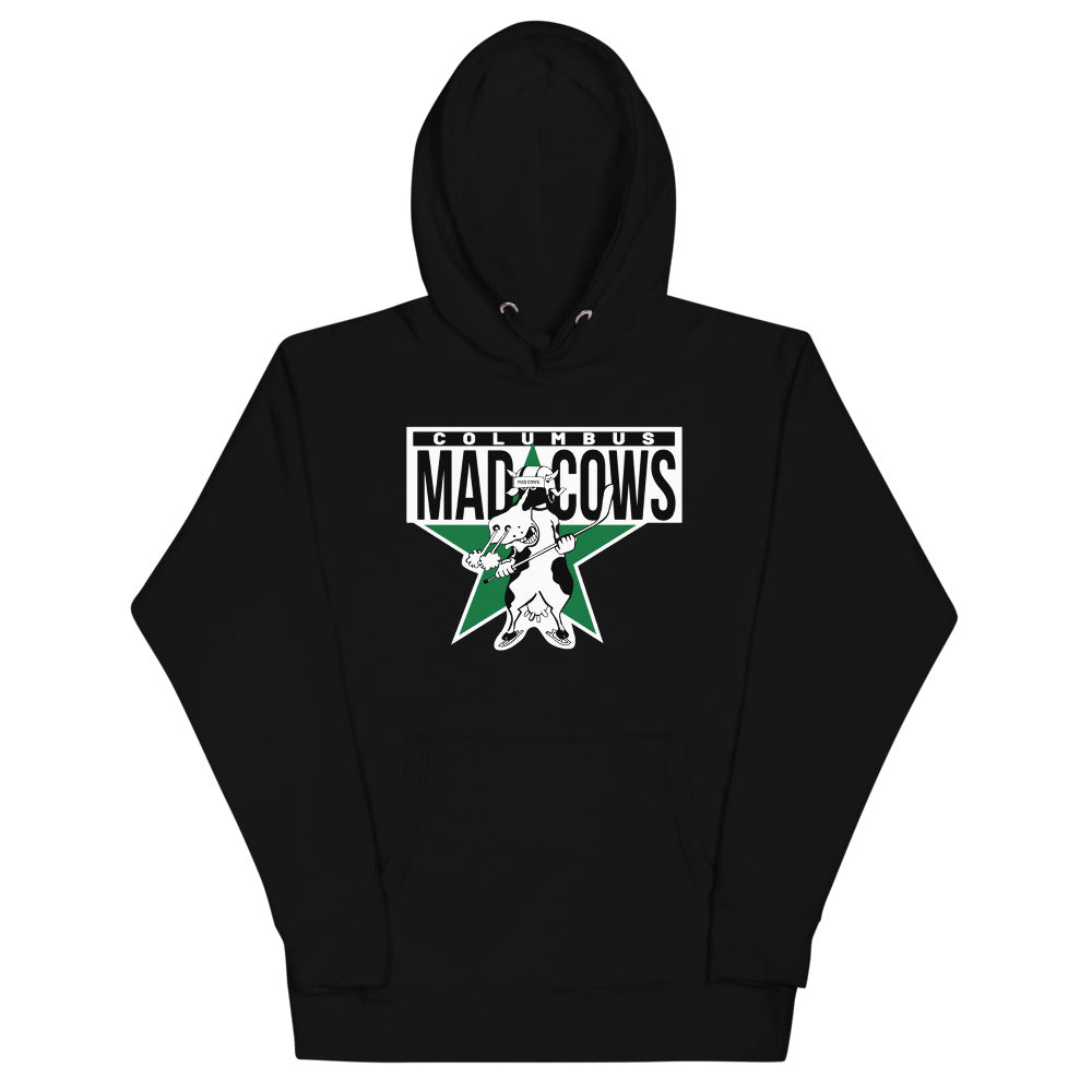 Columbus Mad Cows Hoodie (Premium) with the cow mascot on a green star with block lettering on the front, view 2