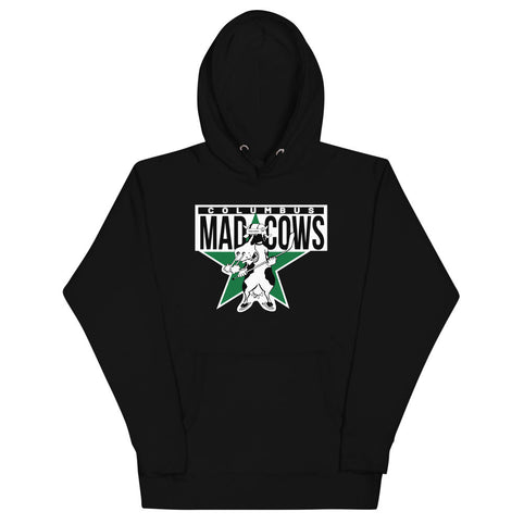 Columbus Mad Cows Hoodie (Premium) with the cow mascot on a green star with block lettering on the front, view 2
