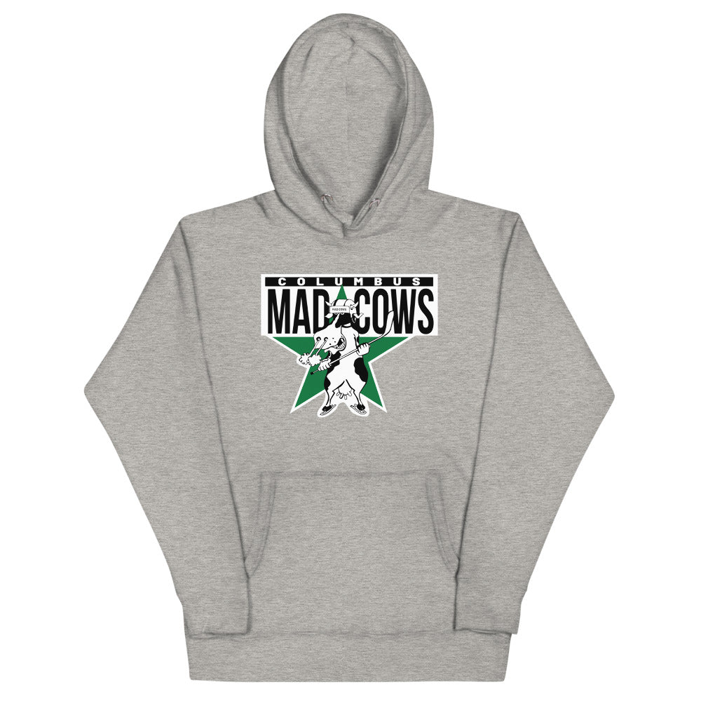 Columbus Mad Cows Hoodie (Premium) with the cow mascot on a green star with block lettering on the front