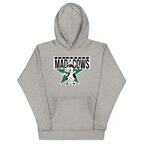 Columbus Mad Cows Hoodie (Premium) with the cow mascot on a green star with block lettering on the front