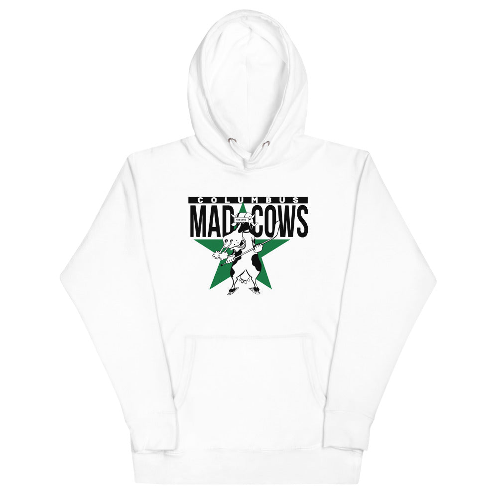 Columbus Mad Cows Hoodie (Premium) with the cow mascot on a green star with block lettering on the front, view 3