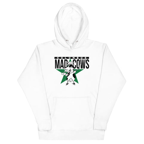 Columbus Mad Cows Hoodie (Premium) with the cow mascot on a green star with block lettering on the front, view 3