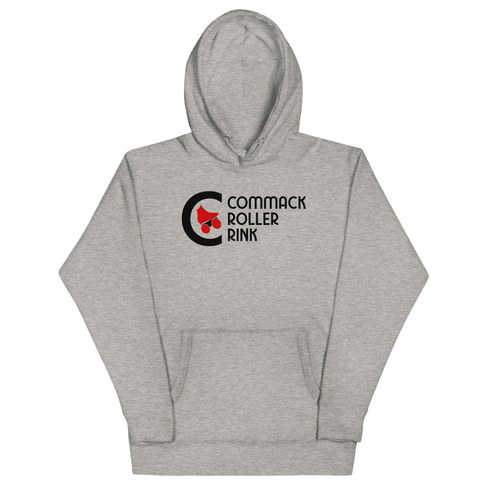 Commack Roller Rink Hoodie (Premium) with the black C logo with red skate and stacked text on the front