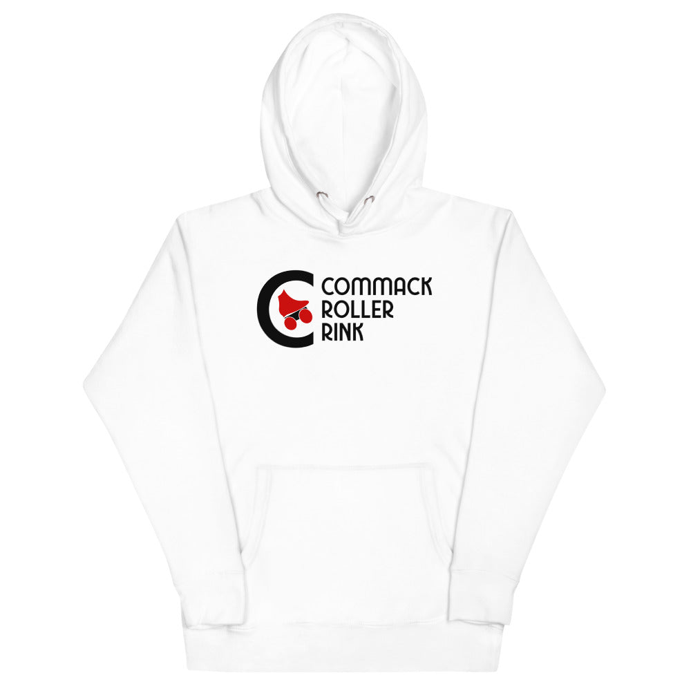 Commack Roller Rink Hoodie (Premium) with the black C logo with red skate and stacked text on the front, view 2