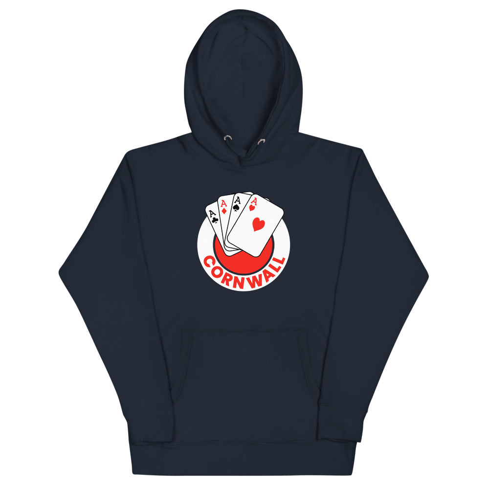 Cornwall Aces Hoodie (Premium) with the round logo of four aces playing cards on the front, view 2