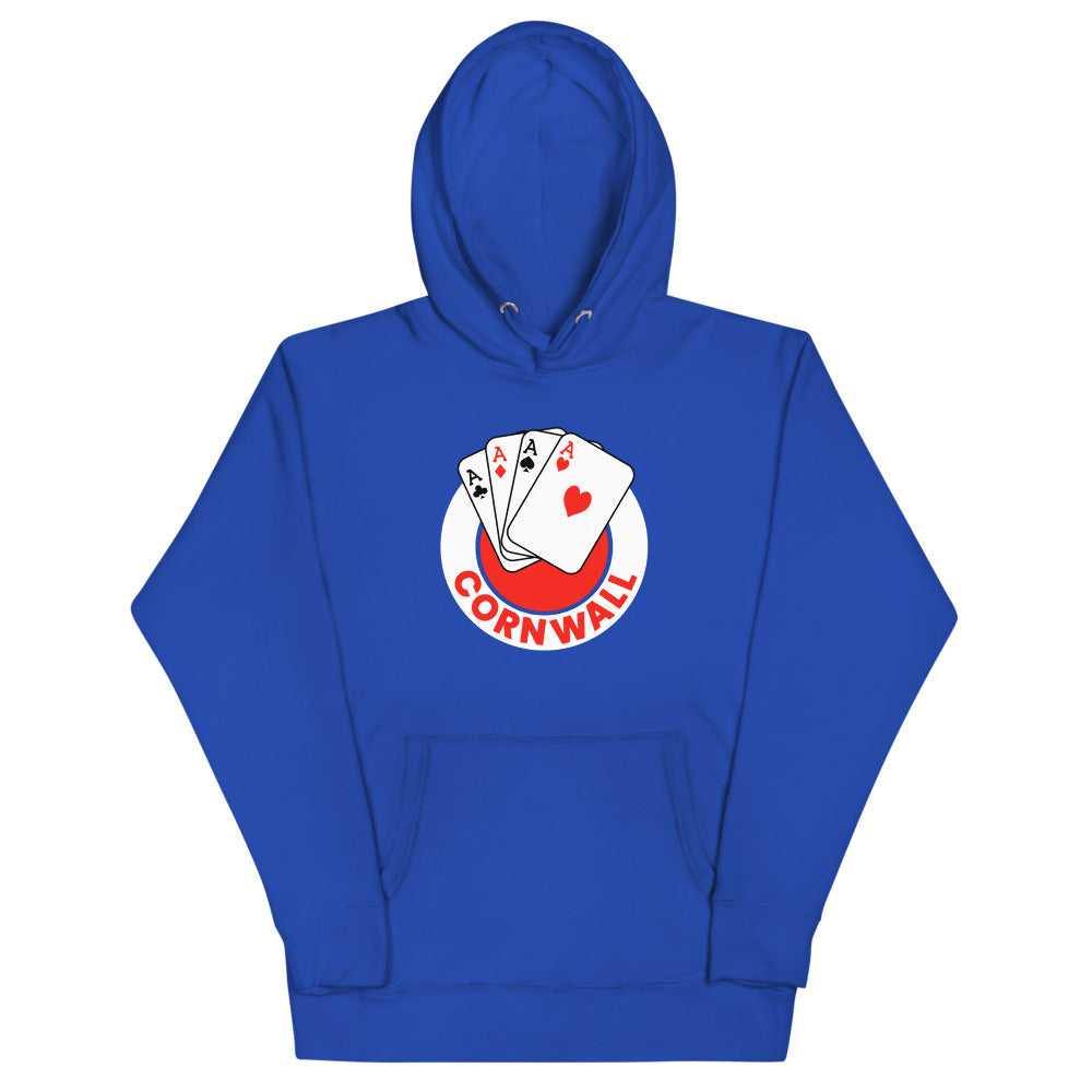 Cornwall Aces Hoodie (Premium) with the round logo of four aces playing cards on the front