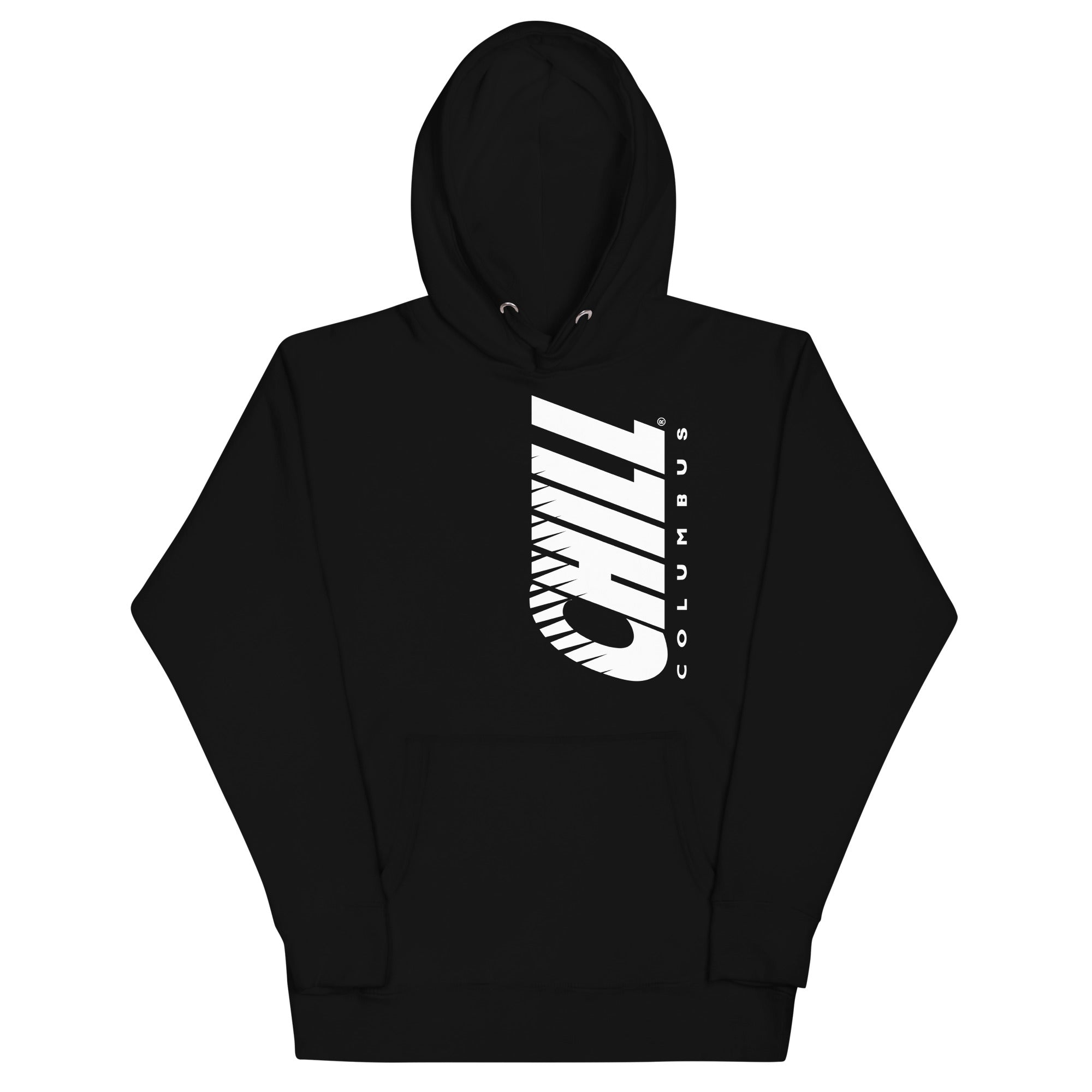 CLEARANCE Columbus Chill Hoodie (Premium) in black with the vertical white italic wordmark on the front