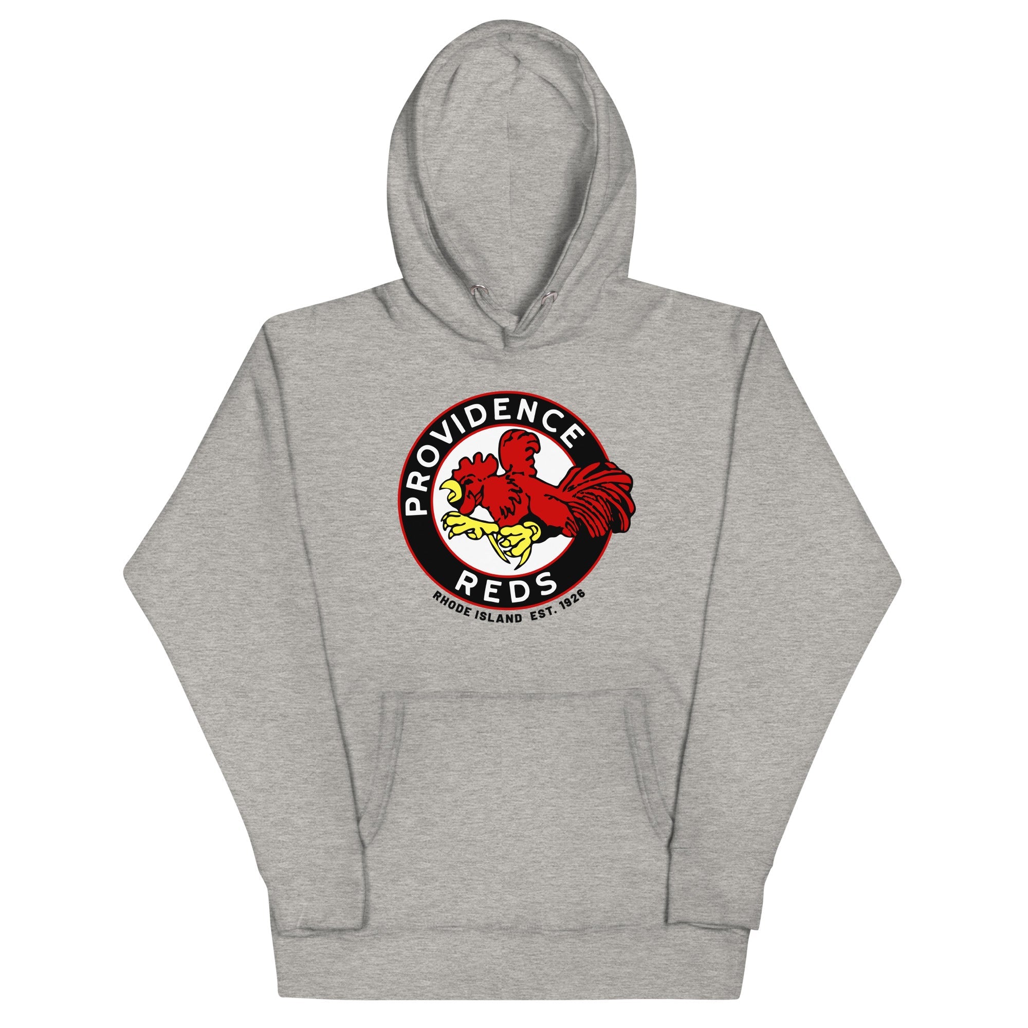CLEARANCE Providence Reds Hoodie (Premium) in carbon grey with the red rooster in a round black and white badge on the front