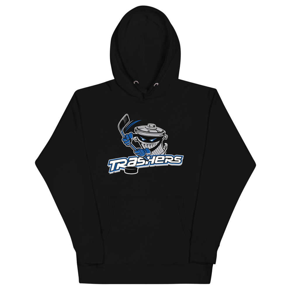 Danbury Trashers Logo Hoodie (Premium) with the masked trash can mascot over blue lettering on the front