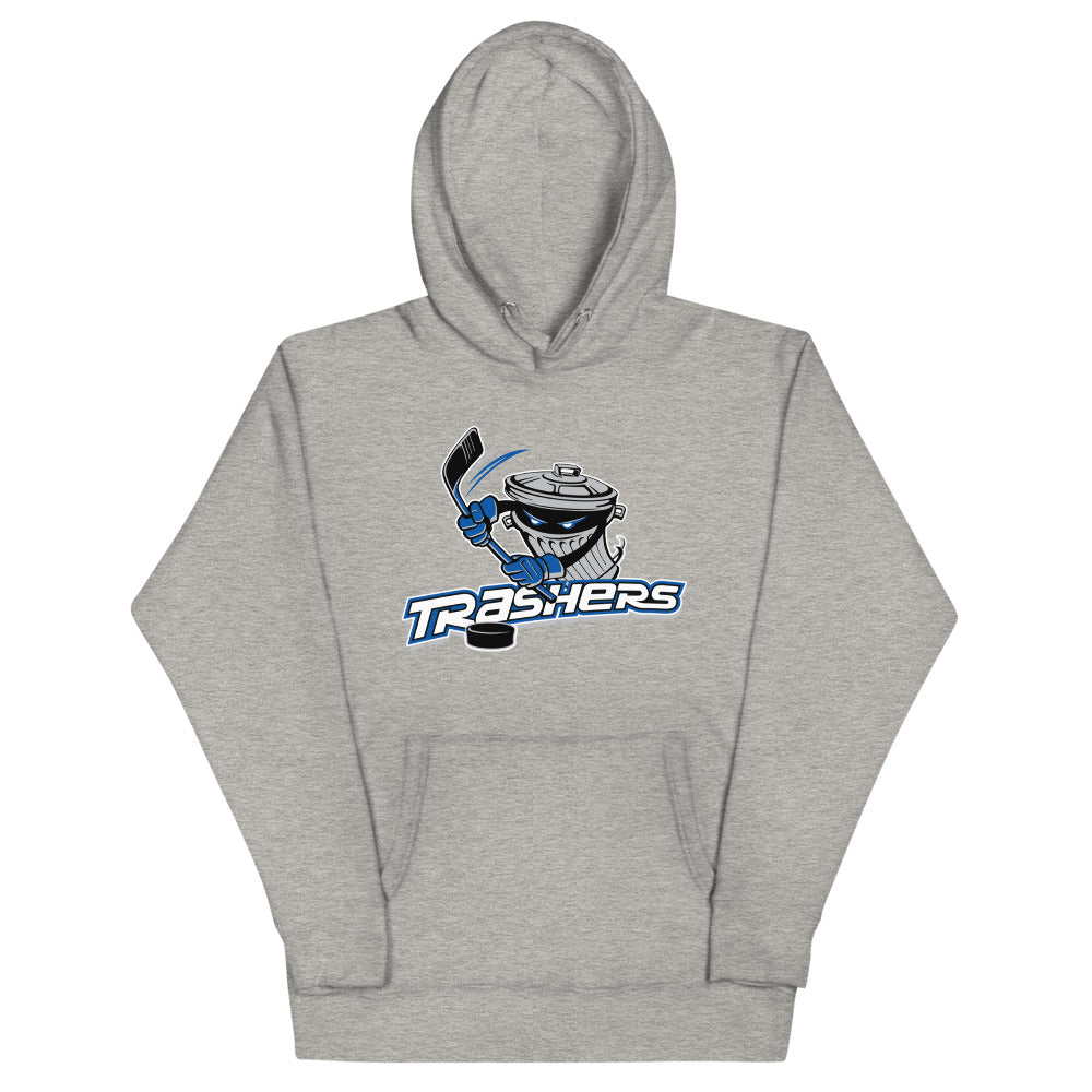 Danbury Trashers Logo Hoodie (Premium) with the masked trash can mascot over blue lettering on the front, view 3