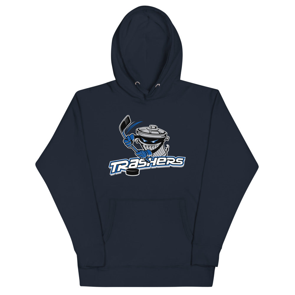 Danbury Trashers Logo Hoodie (Premium) with the masked trash can mascot over blue lettering on the front, view 2