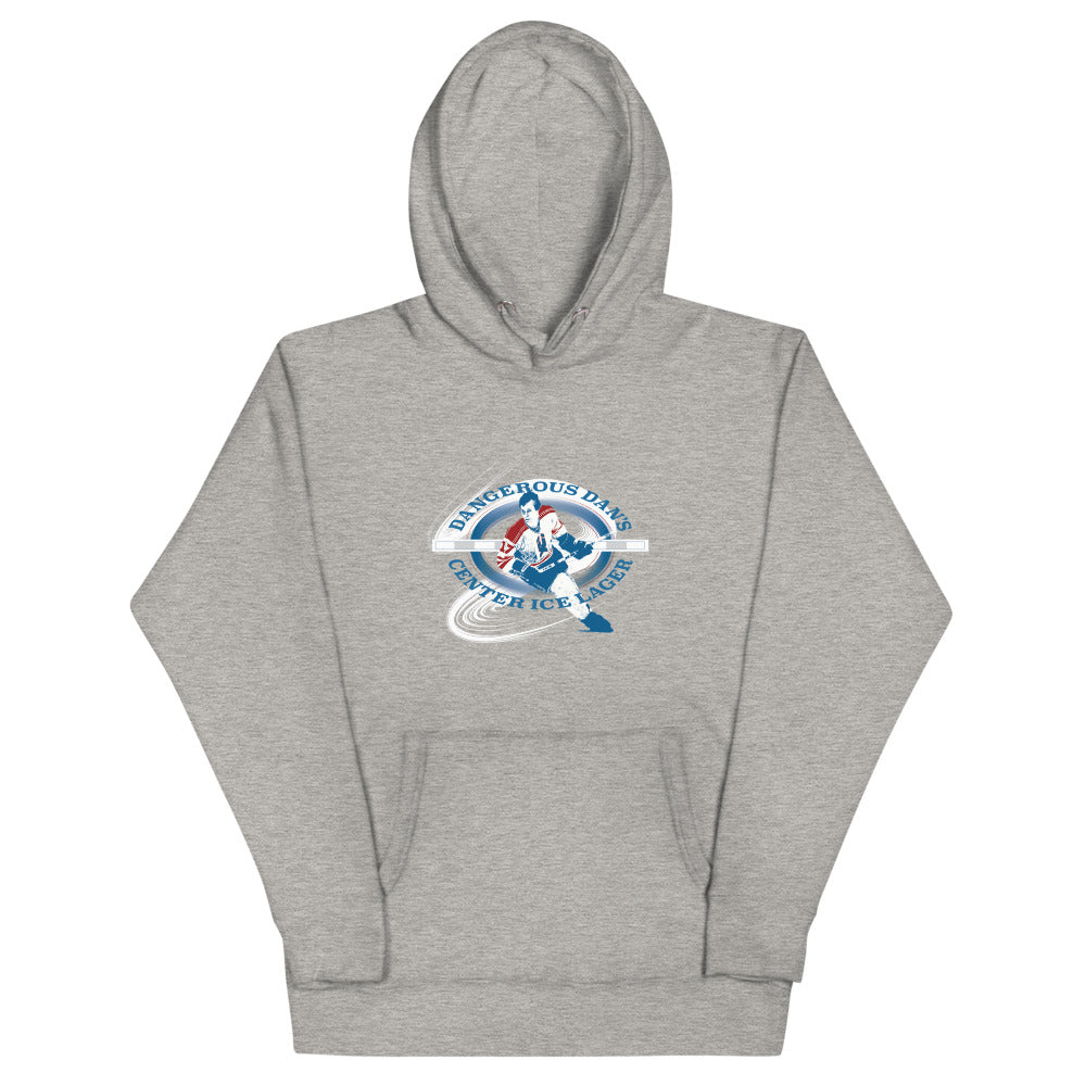 Dangerous Dan's Hoodie (Premium) with the round logo of a skater in blue and white on the front