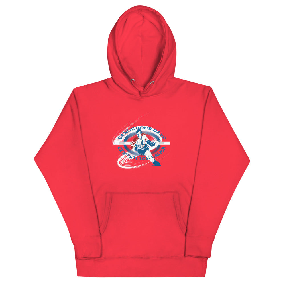 Dangerous Dan's Hoodie (Premium) with the round logo of a skater in blue and white on the front, view 2