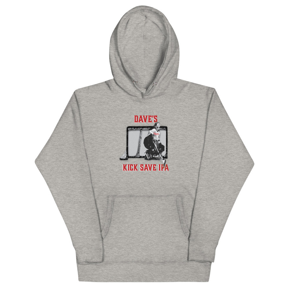 Dave's Kick Save IPA Hoodie (Premium) with the goalie making a save in net with red lettering on the front