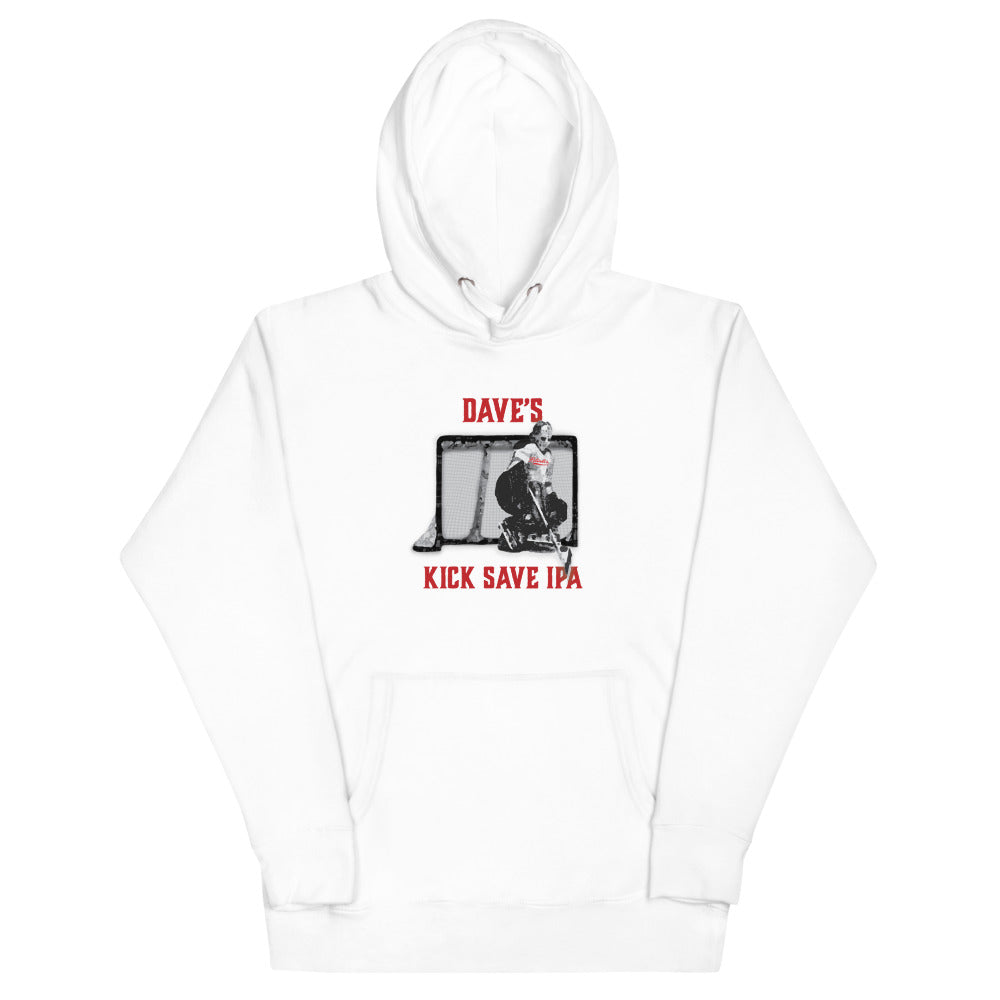 Dave's Kick Save IPA Hoodie (Premium) with the goalie making a save in net with red lettering on the front, view 2