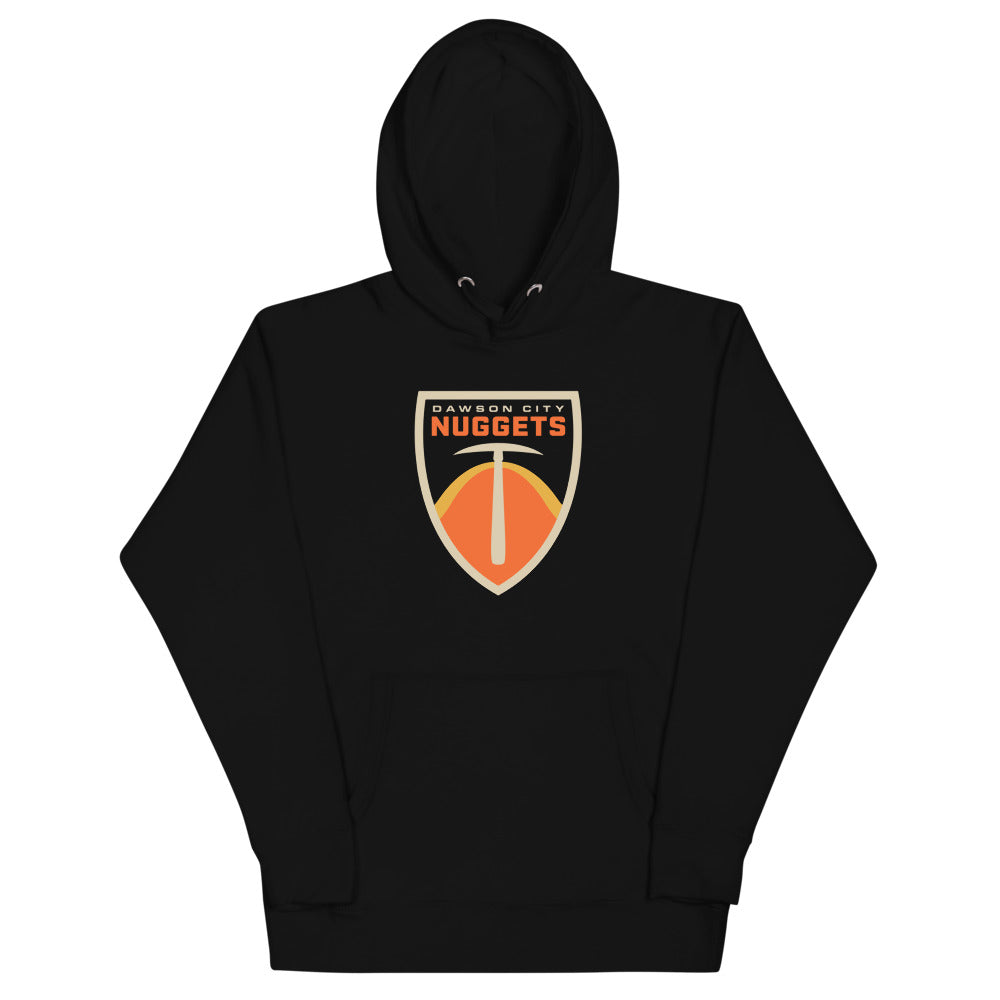Dawson City Nuggets Hoodie (Premium) with the orange shield with a pickaxe and gold nugget on the front