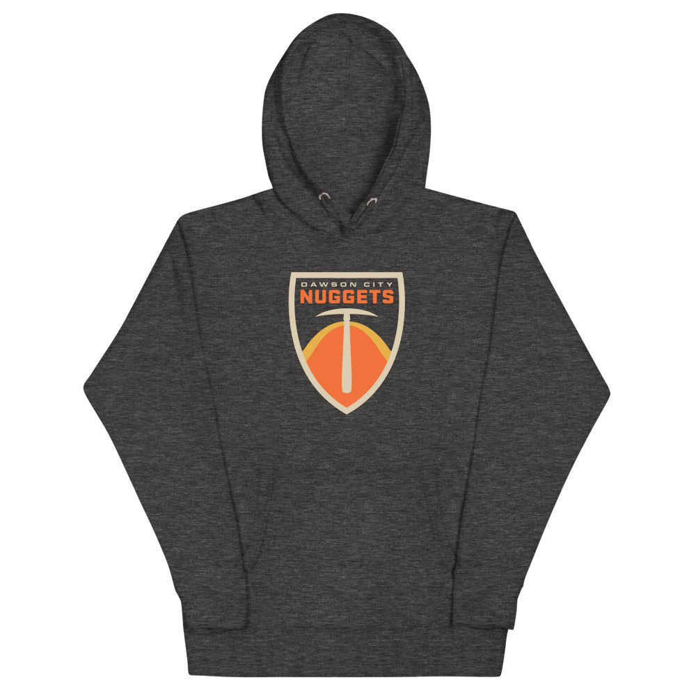 Dawson City Nuggets Hoodie (Premium) with the orange shield with a pickaxe and gold nugget on the front, view 2