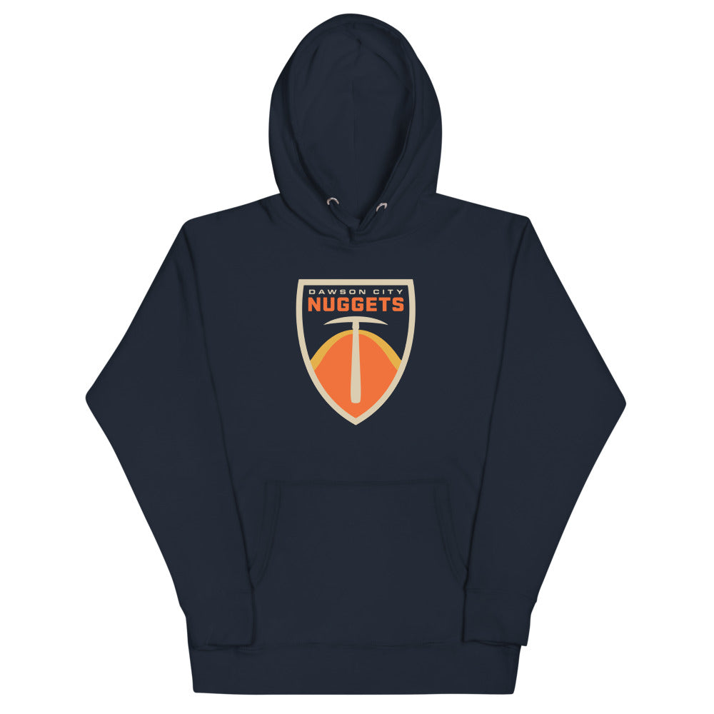 Dawson City Nuggets Hoodie (Premium) with the orange shield with a pickaxe and gold nugget on the front, view 3