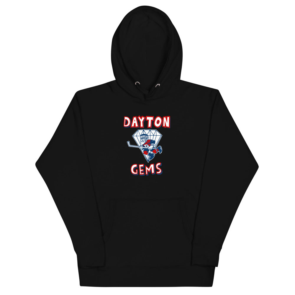Dayton Gems Hoodie (Premium) with the diamond gem skater with red lettering on the front, view 7