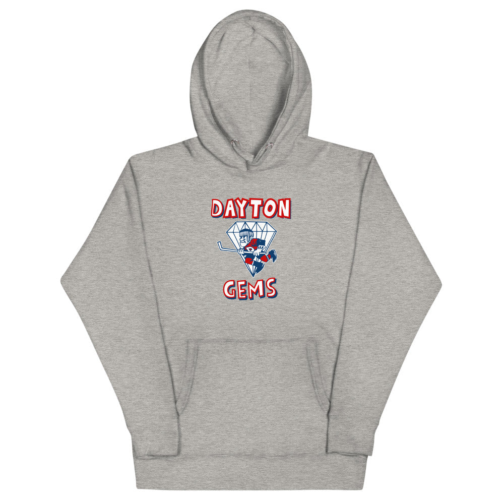 Dayton Gems Hoodie (Premium) with the diamond gem skater with red lettering on the front, view 3
