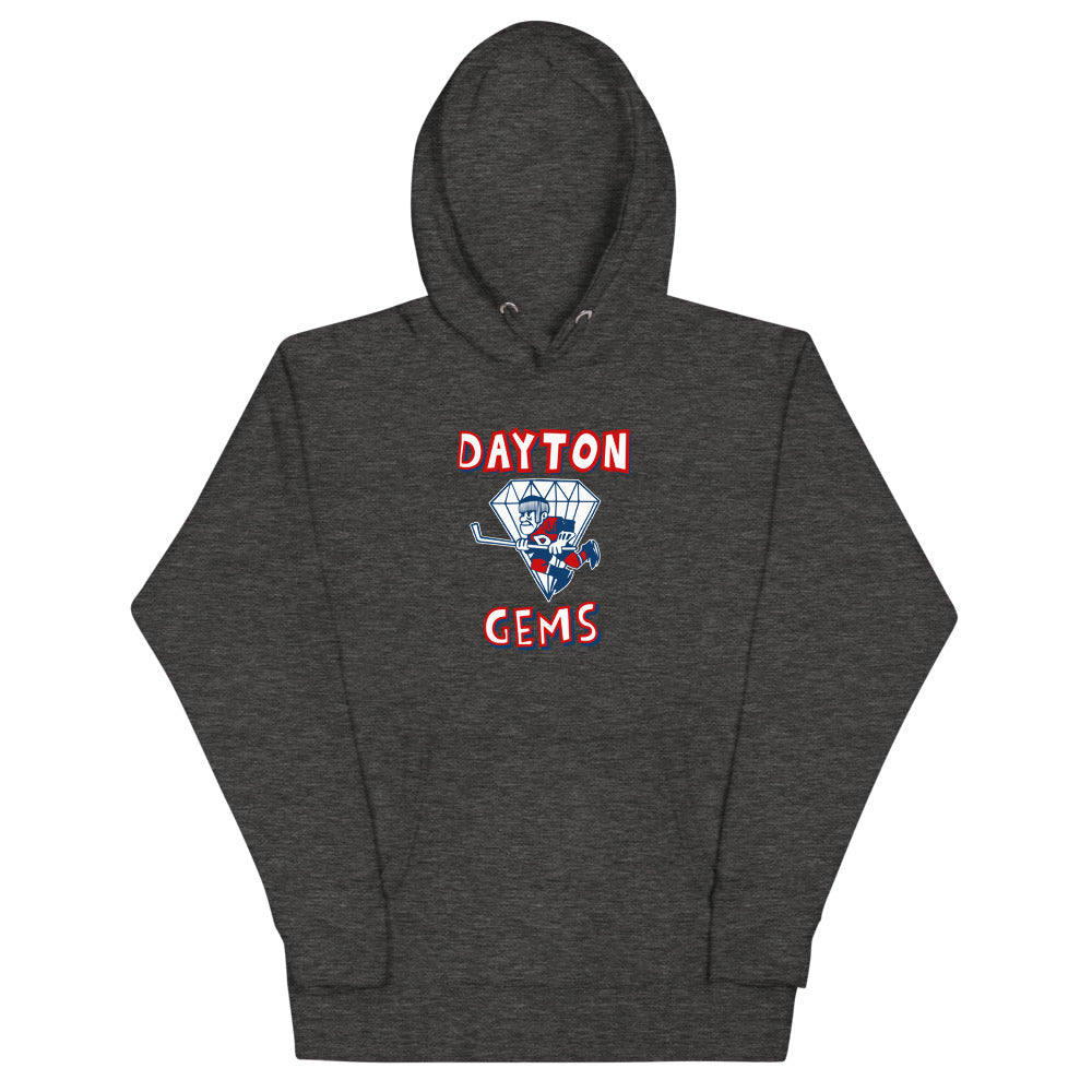 Dayton Gems Hoodie (Premium) with the diamond gem skater with red lettering on the front, view 2