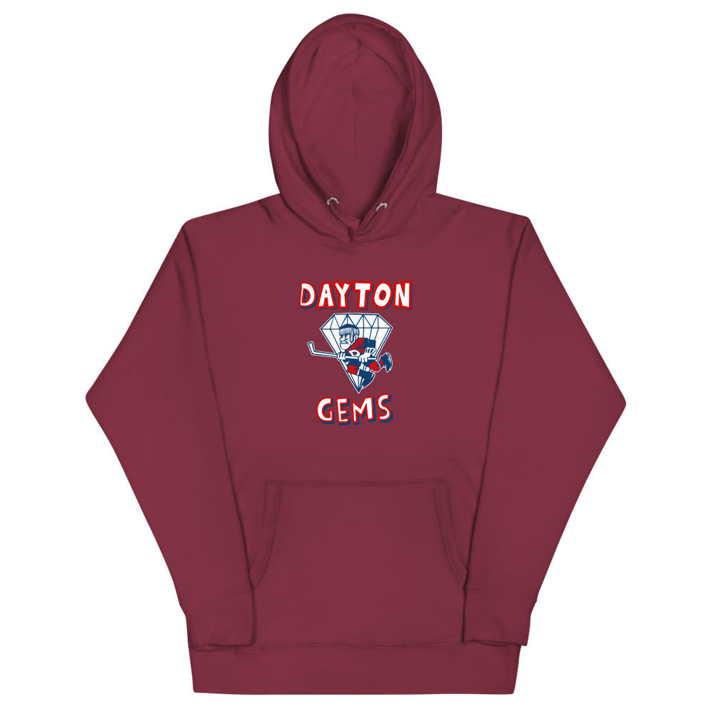 Dayton Gems Hoodie (Premium) with the diamond gem skater with red lettering on the front, view 6