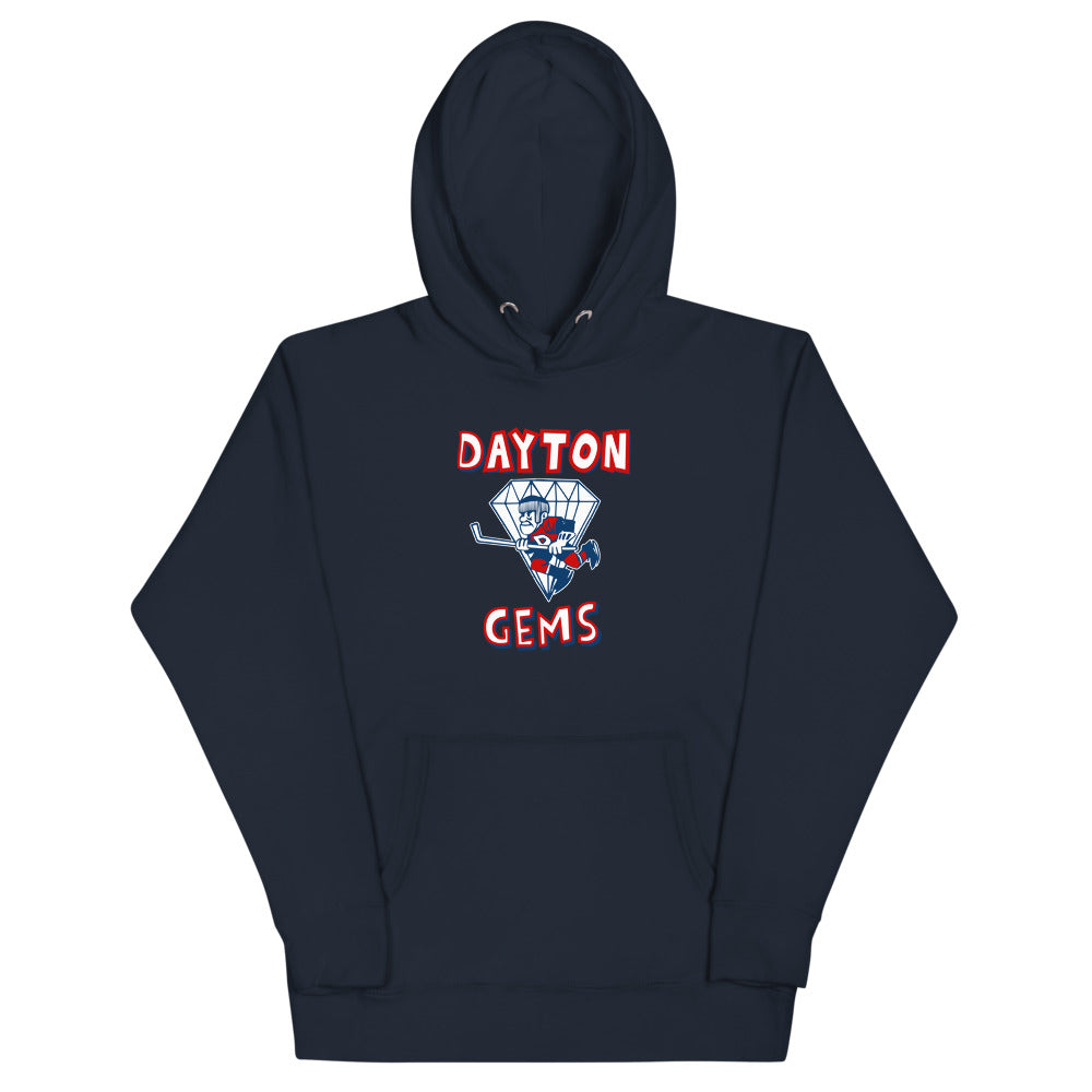 Dayton Gems Hoodie (Premium) with the diamond gem skater with red lettering on the front